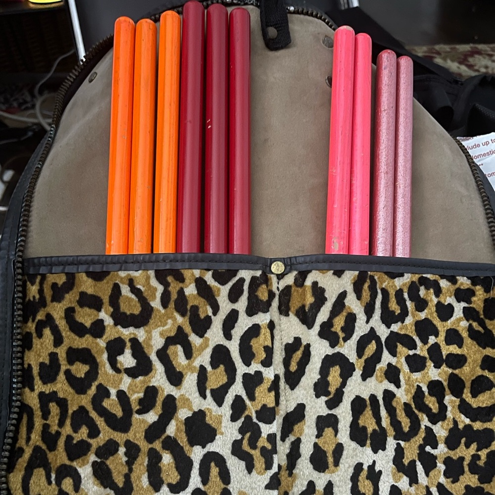 LEOPARD SUEDE LEATHER BAG 5 Pair 10 Lipstick Colored Drumsticks RED ORANGE PINK!